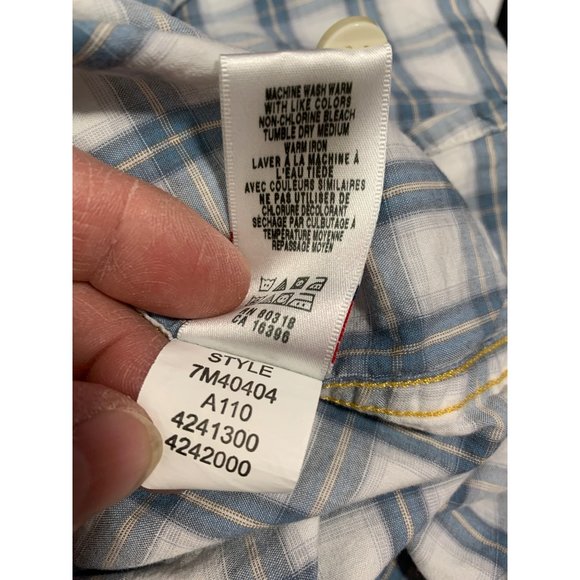 Lucky Brand Western Button Down Pearl Snap Short Sleeve Medium Blue White Plaid - Picture 6 of 7